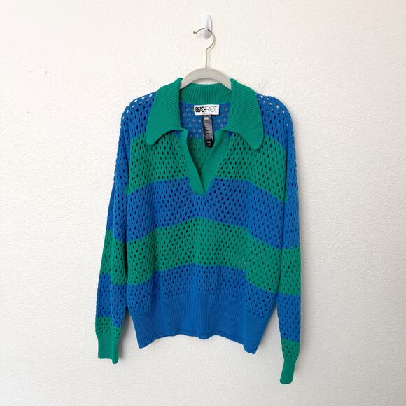 [Beach Riot] Green Blue Rugby Striped Wynn Open Knit Long Sleeve Sweater Large - Picture 3 of 11